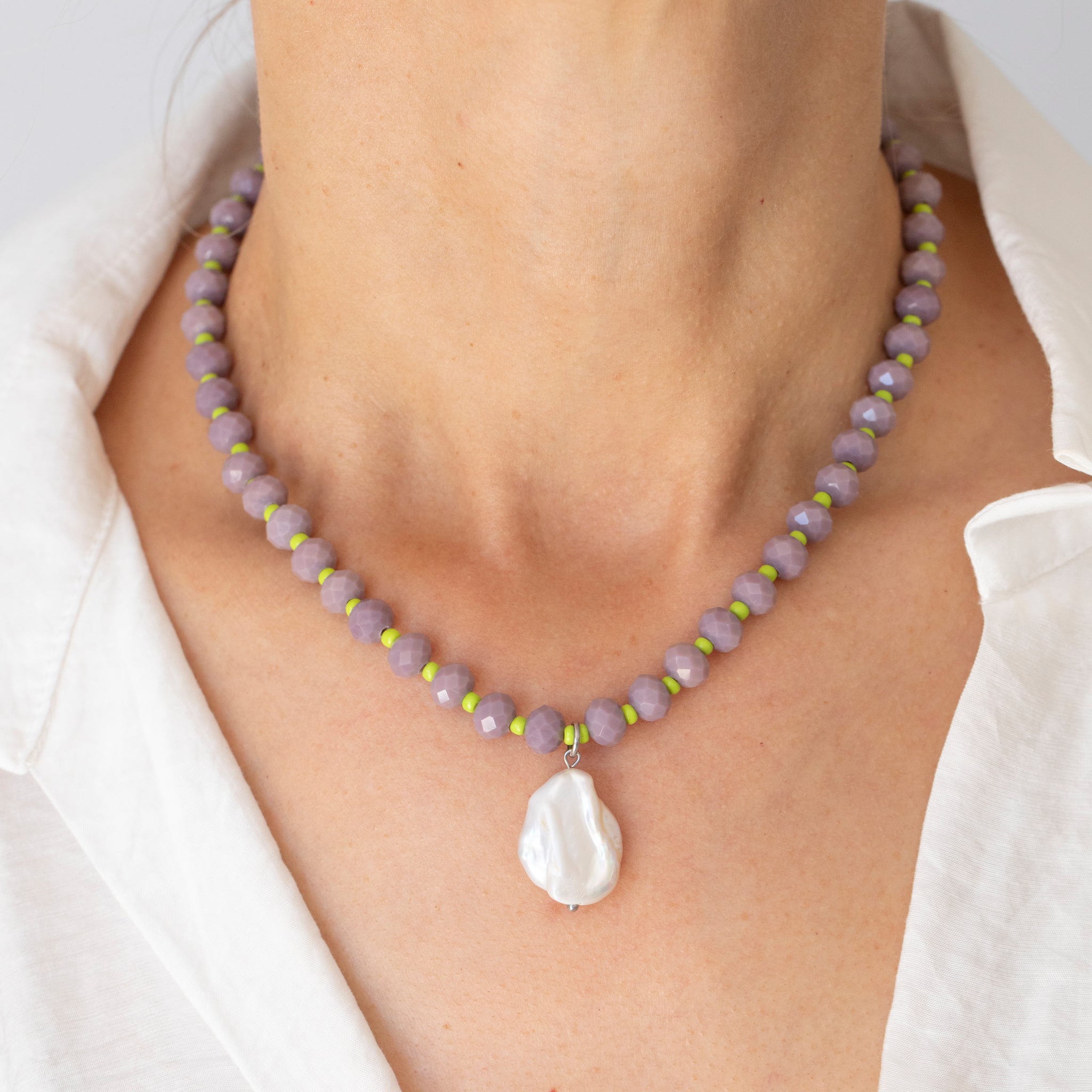 Mauve & Lime Crystal Beaded Necklace