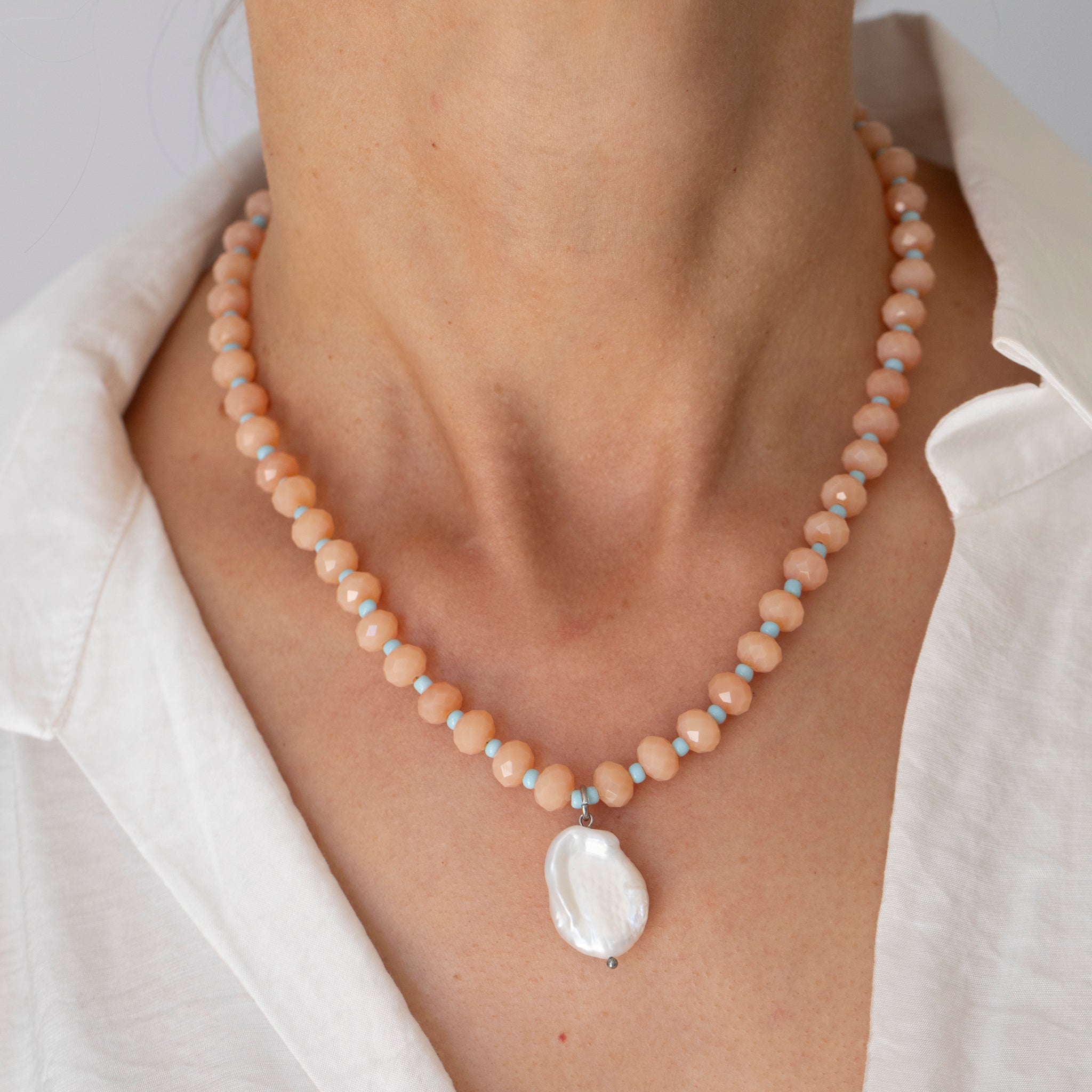Peach & Sky Crystal Beaded Necklace
