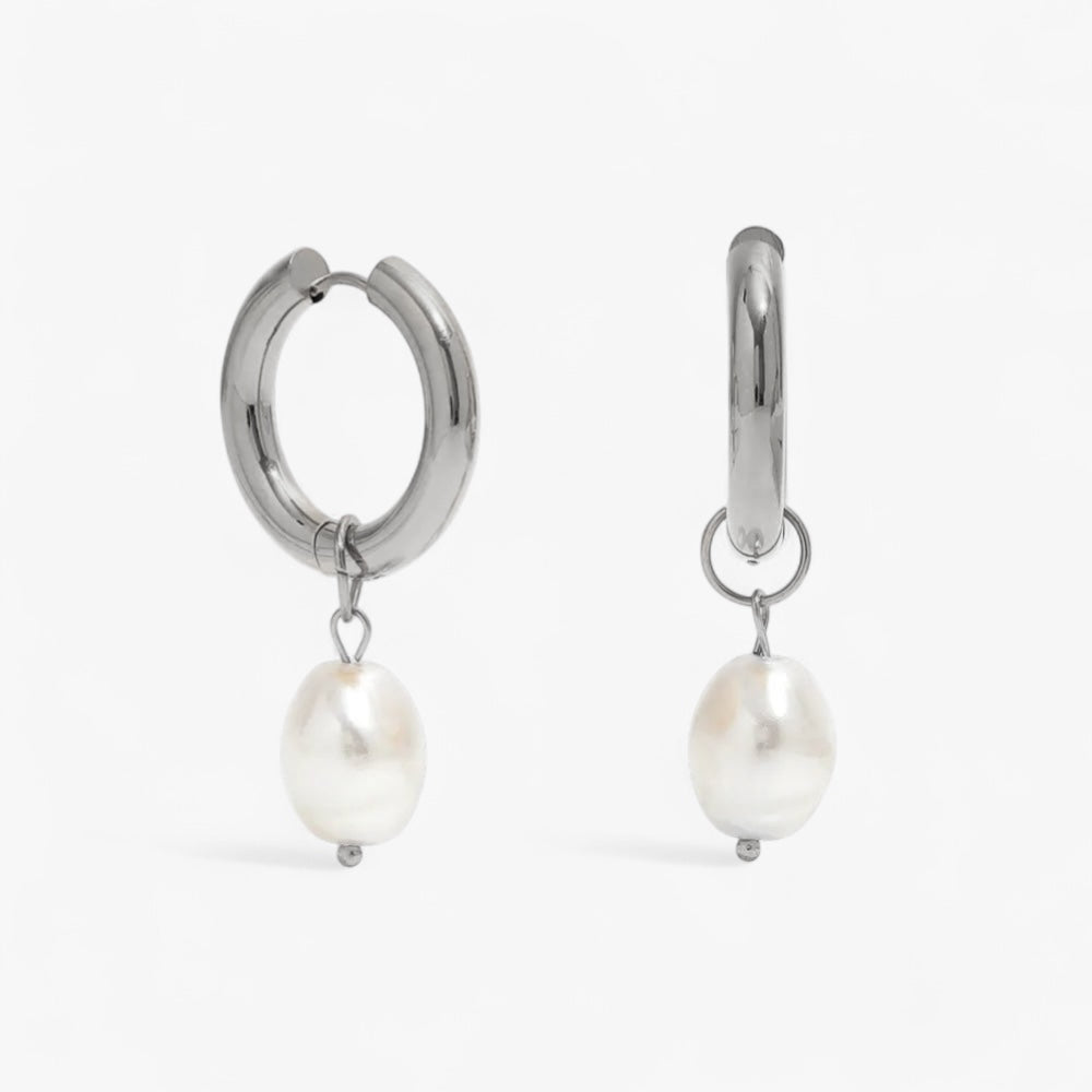 Silver Pearl Drop Hoops