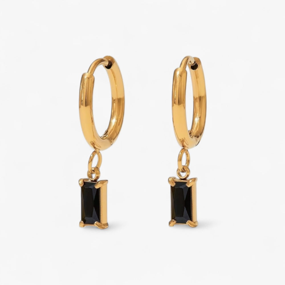 Gold Baguette Huggies in Black