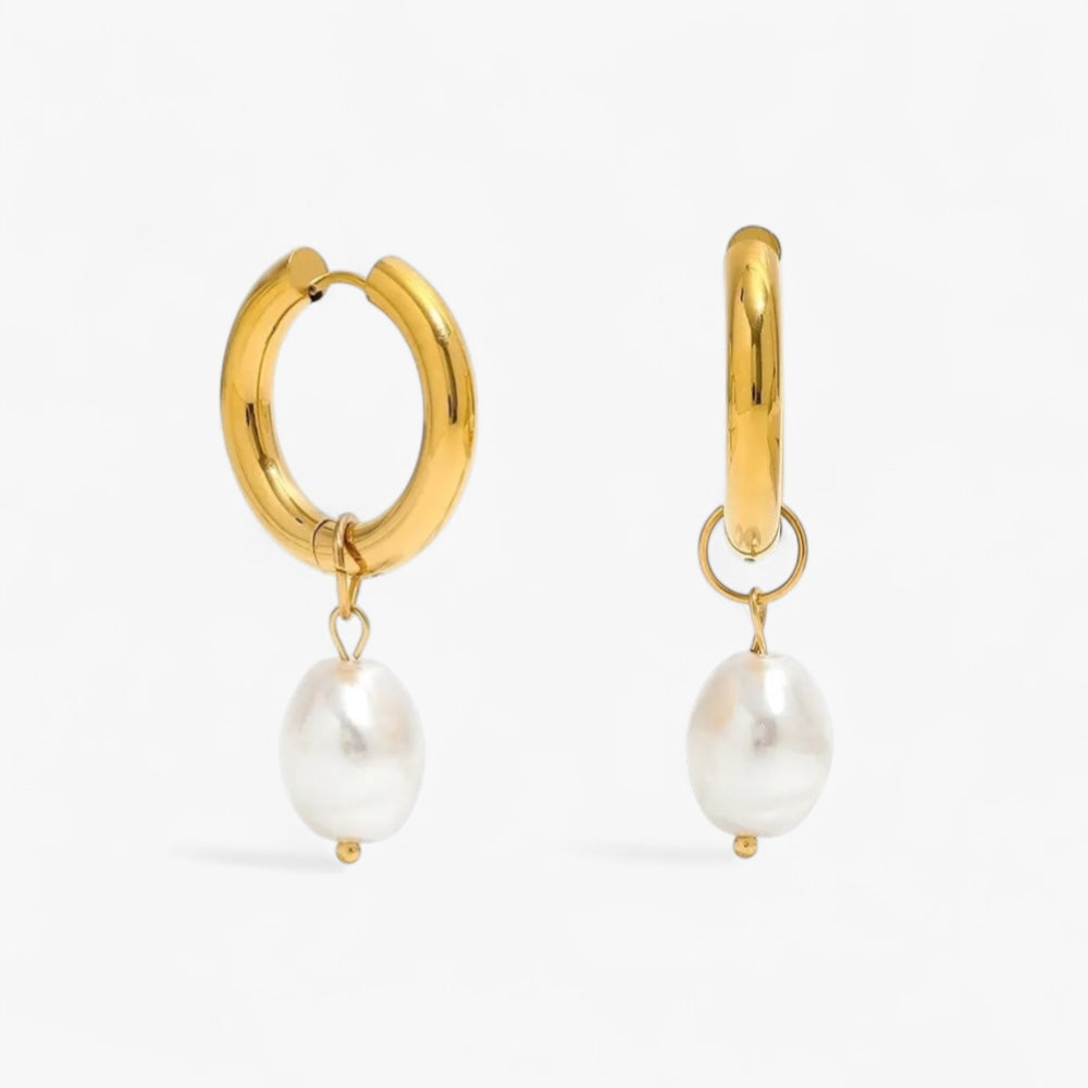 Gold Pearl Drop Hoops