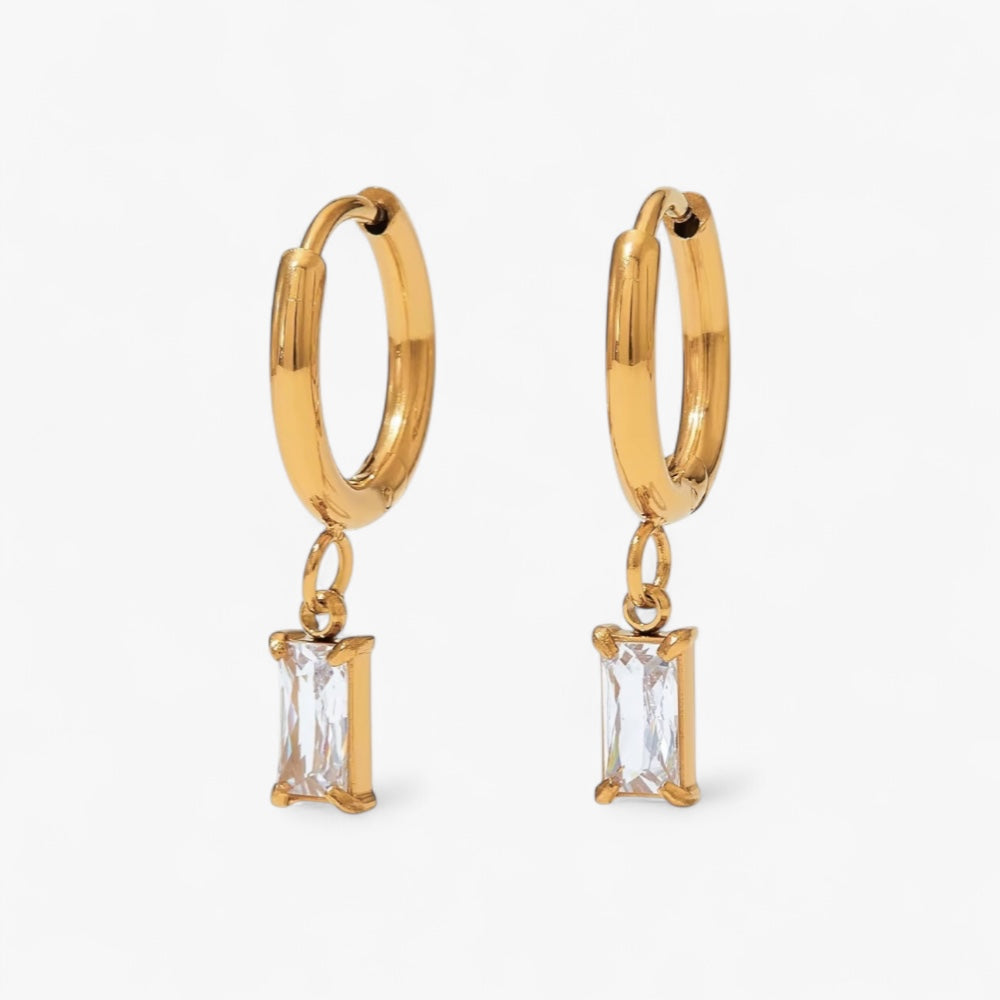Gold Baguette Huggies in White