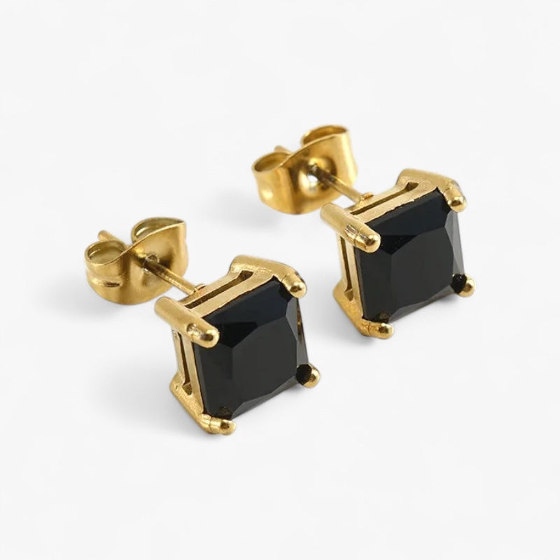 Gold Retro Square Studs in Black
