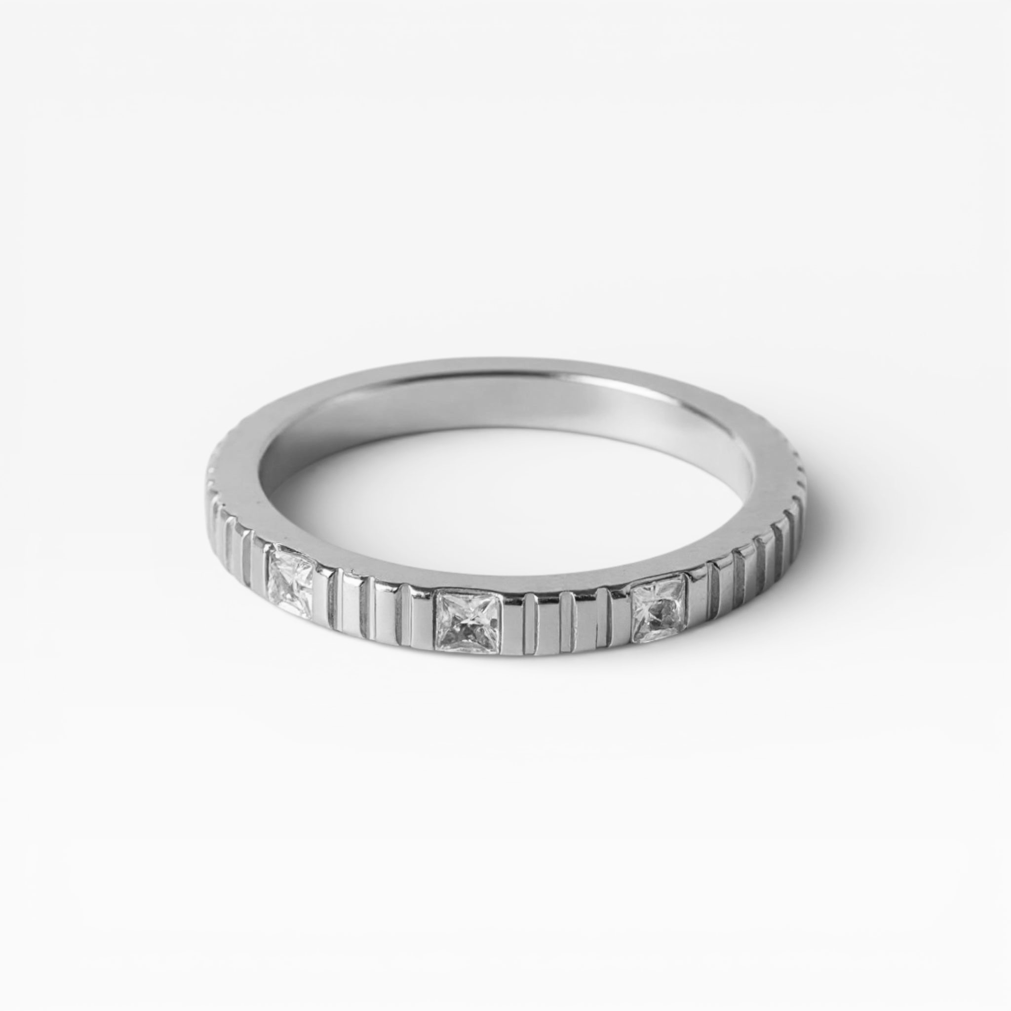 Silver Skinny Zircon Ribbed Ring