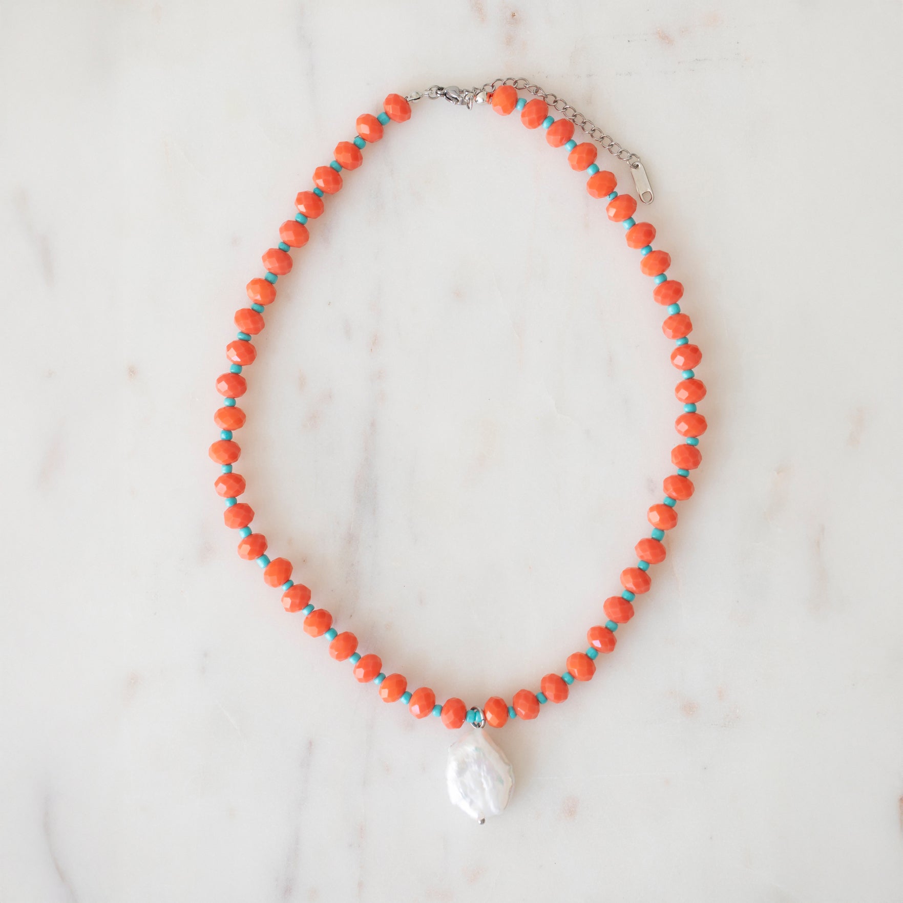 Grapefruit & Turquoise Crystal Beaded Necklace