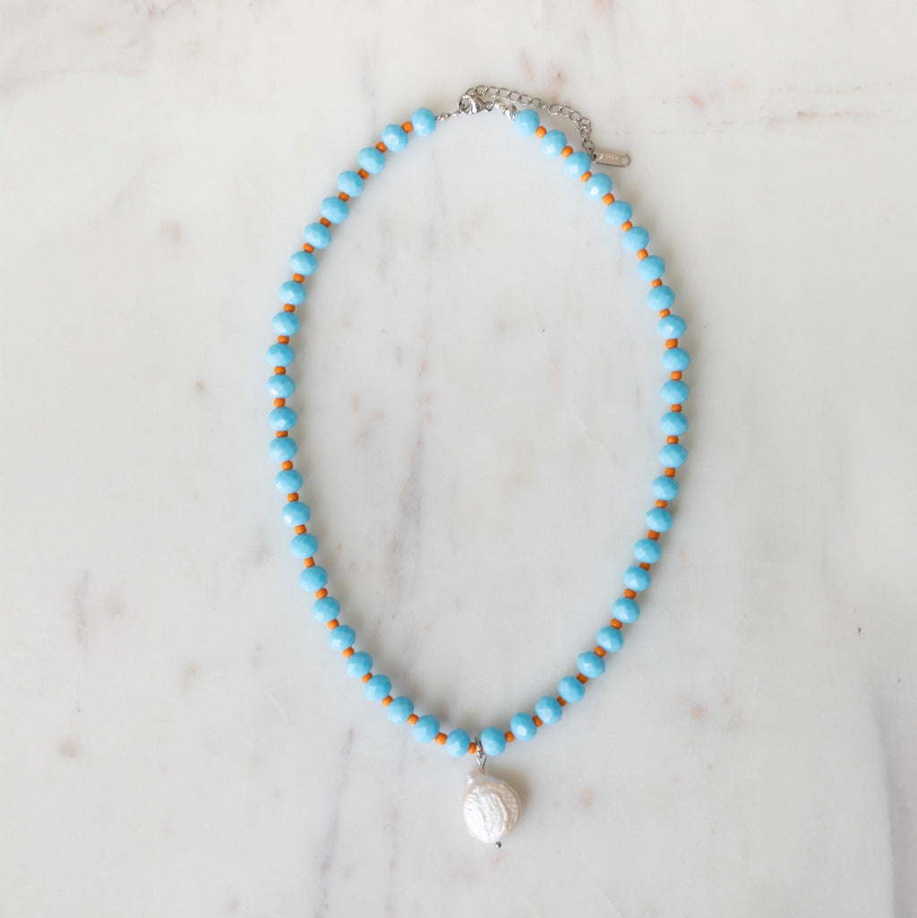 Turquoise & Papaya Crystal Beaded Necklace