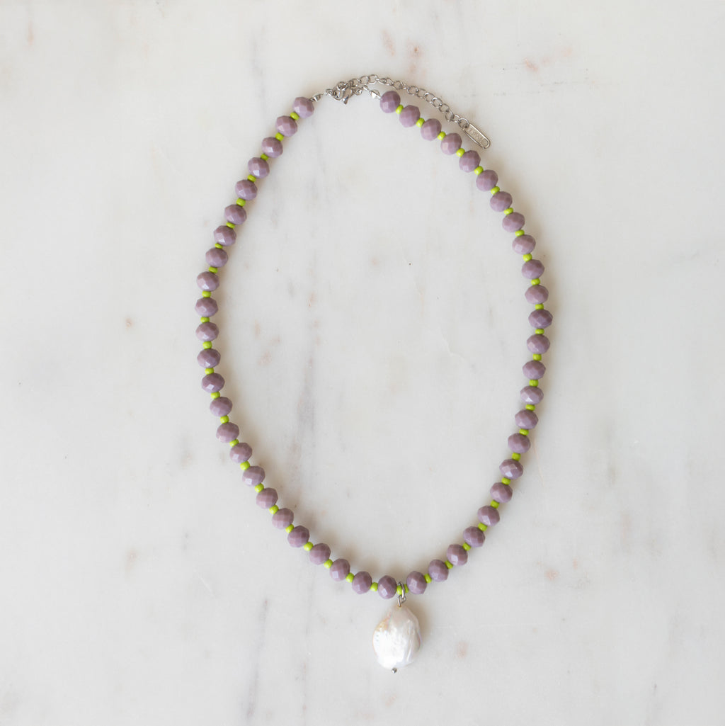 Mauve & Lime Crystal Beaded Necklace