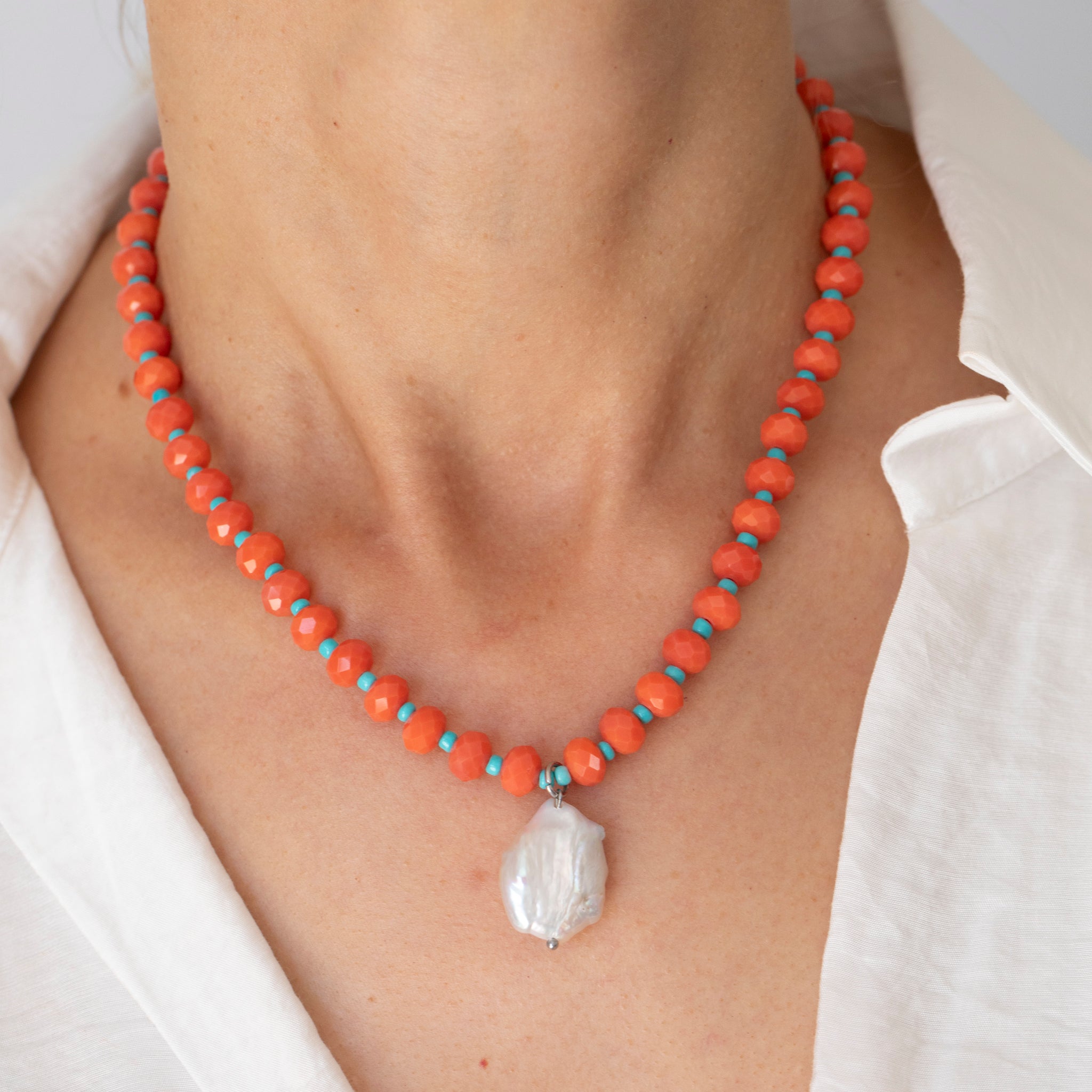 Grapefruit & Turquoise Crystal Beaded Necklace