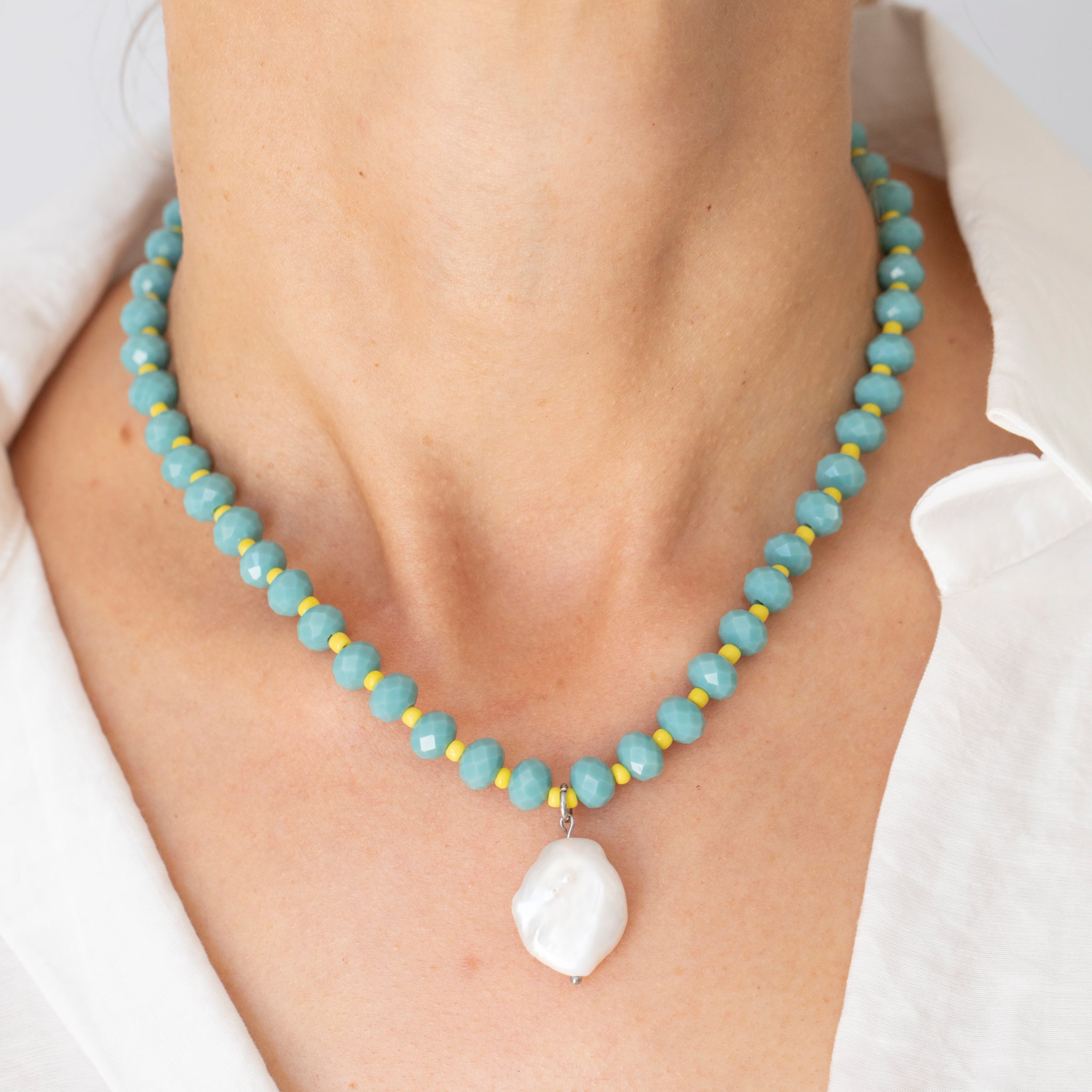 Teal & Lemon Crystal Beaded Necklace