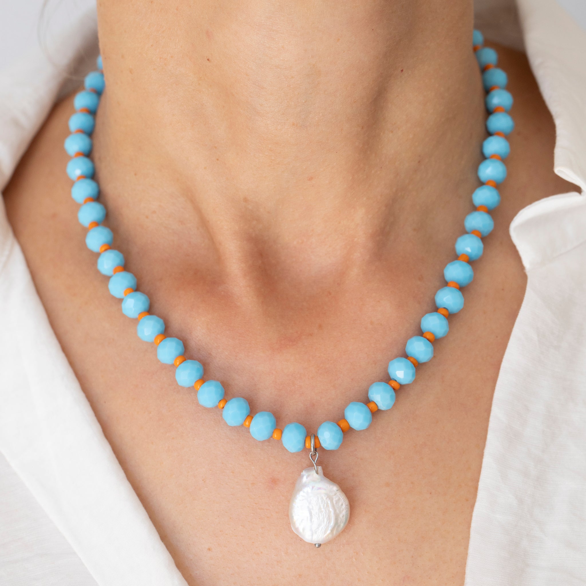 Turquoise & Papaya Crystal Beaded Necklace
