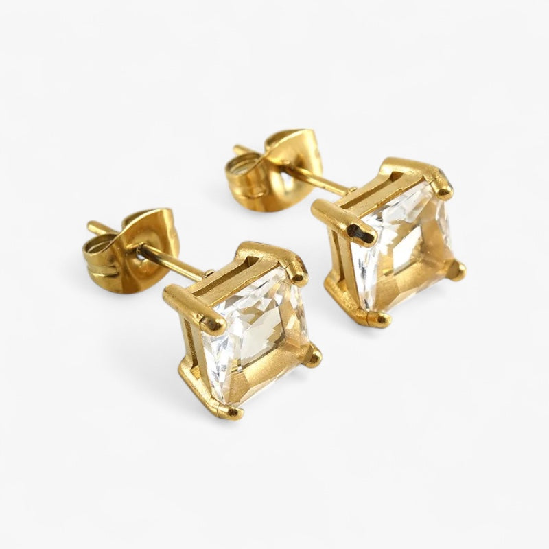 Gold Retro Square Studs in White